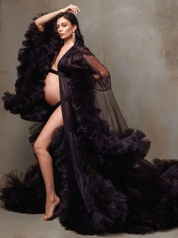 MQTIME  -  Black See Thru Long Tulle Maternity Dress With Ruffles Trimmed Details  Long Pregnant Women Dresses To Photoshoots Maxi Dress
